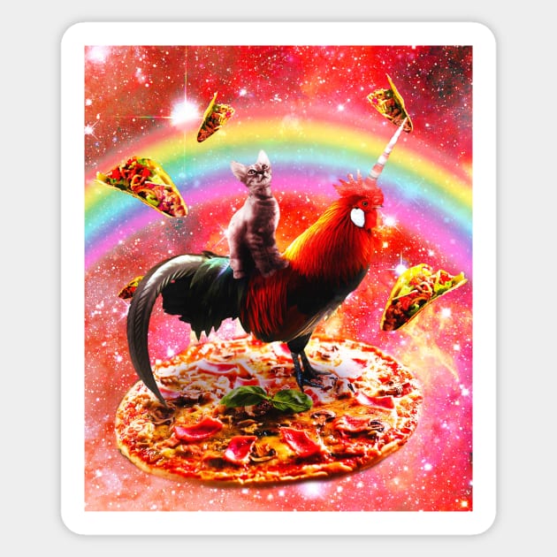 Cat Riding Unicorn Rooster on Pizza Sticker by Random Galaxy